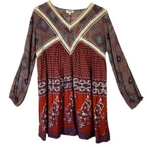 Umgee women's Small Boho Multi print V-neck peasant sleeve mini dress tunic top